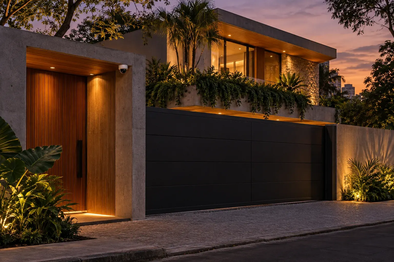 Casa contemporânea ao entardecer, com câmera instalada no acesso. Imagem ilustrativa.